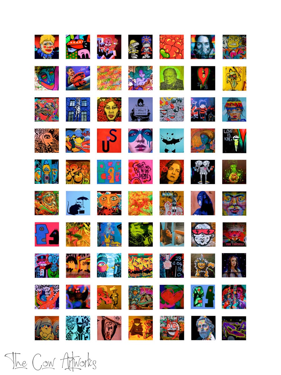 A collage of 70 small pictures arranged 10 x 7 on a white background