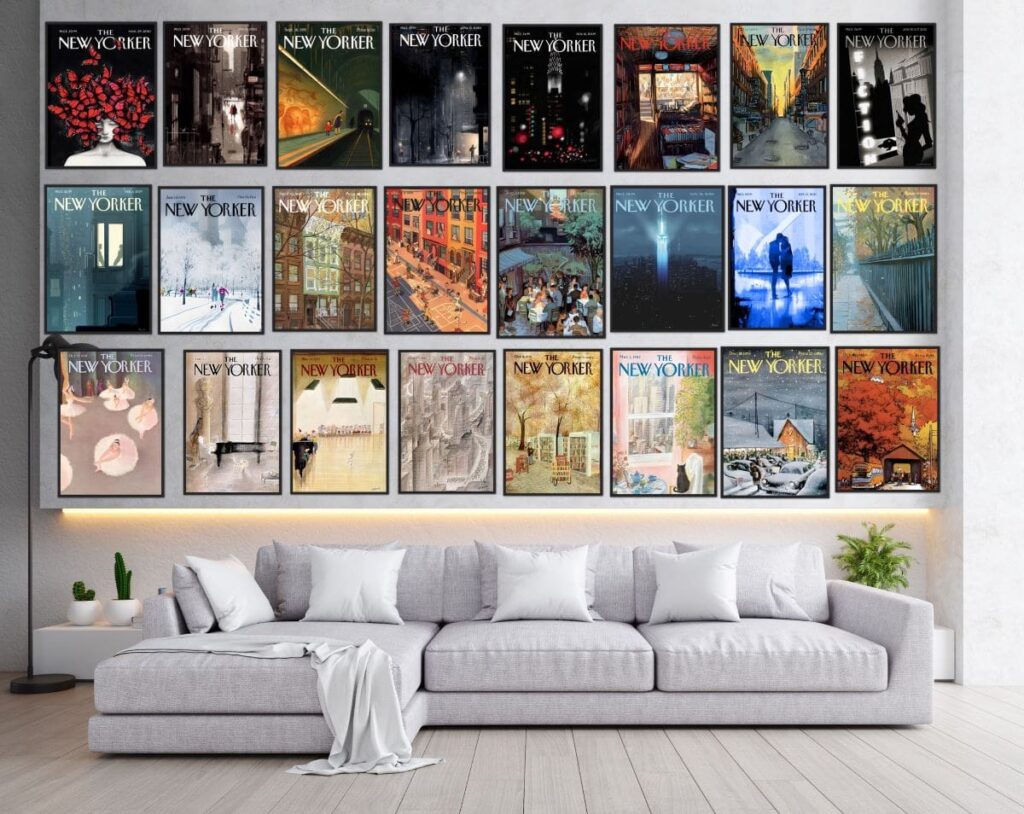 A collage of framed New Yorker covers filling a wall in a lounge with grey couches below it.