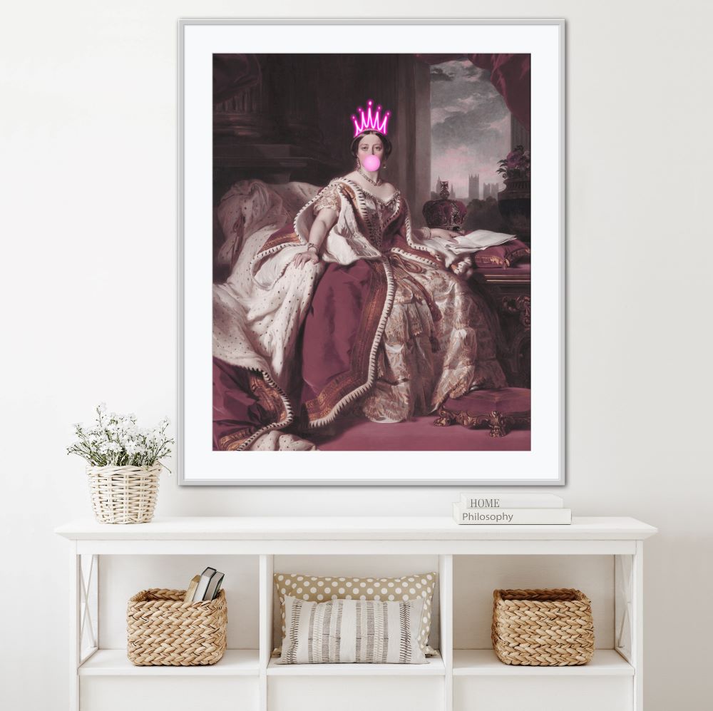 A Victorian woman on a bed but with added neon crown blowing a neon bubble gum bubble.