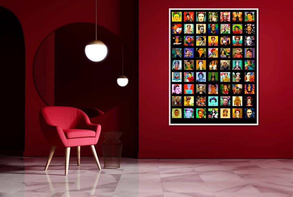 A framed picture of a collage of Frida Kahlo miniatures. The framed picture is hanging on a wall next to a red armchair