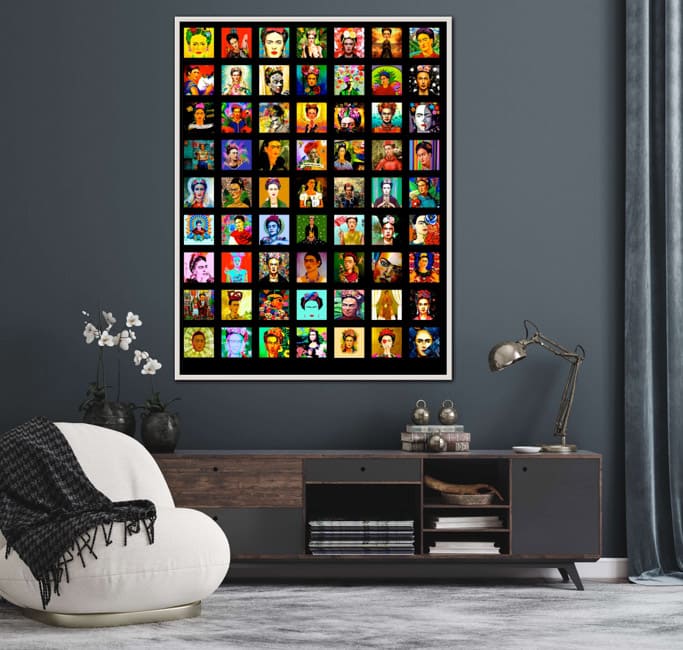 A framed picture of a collage of Frida Kahlo miniatures. The framed picture is hanging on a wall above a server