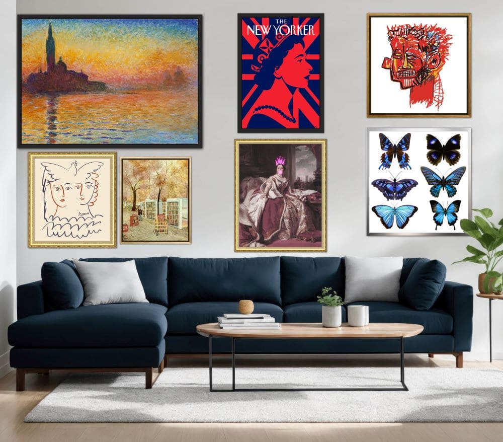 Collage of framed pictures on a wall