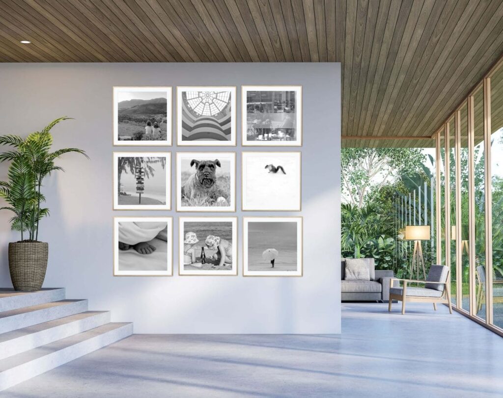 collage of framed pictures on a wall
