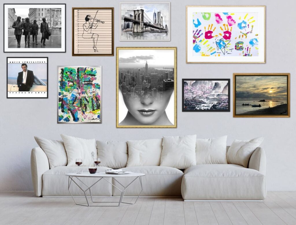 Collage of framed pictures on a wall