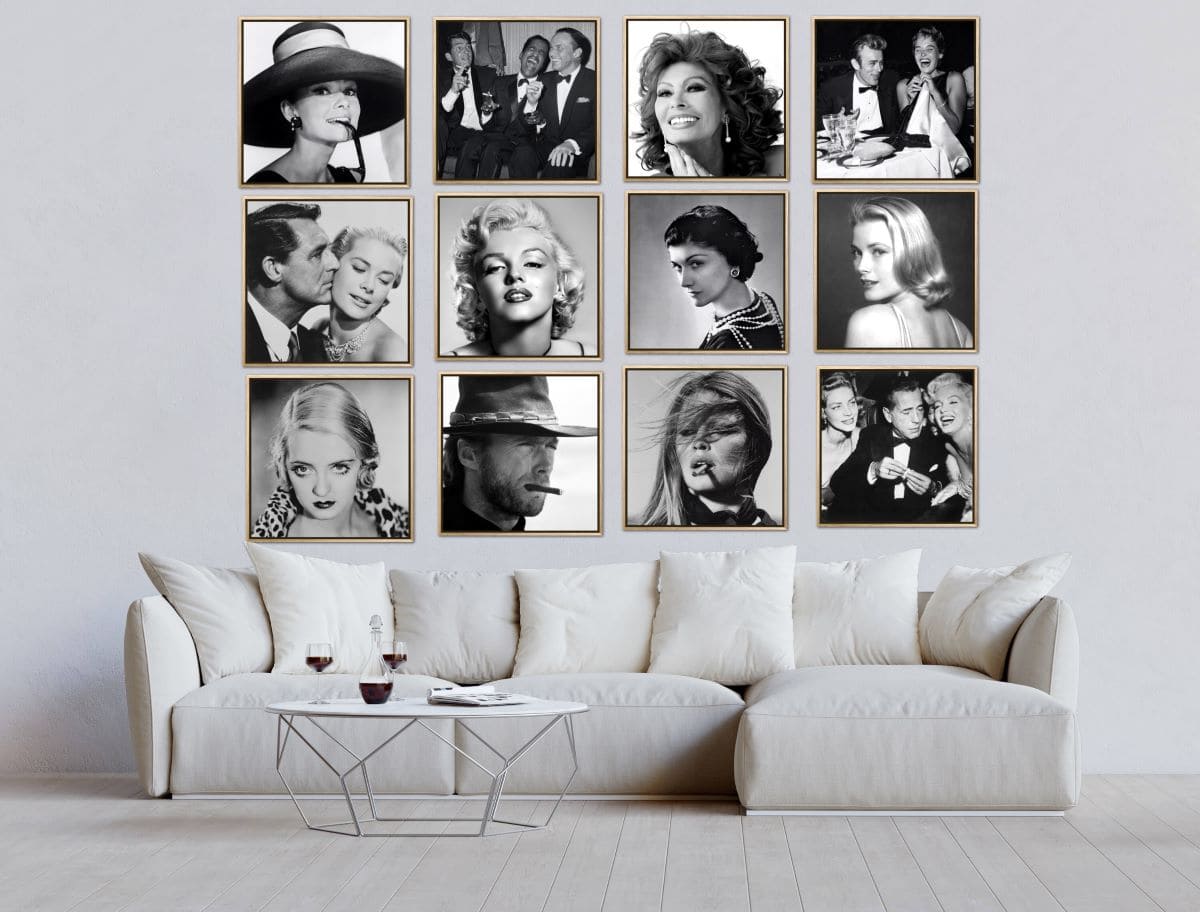 12 framed black and white images of movie stare
