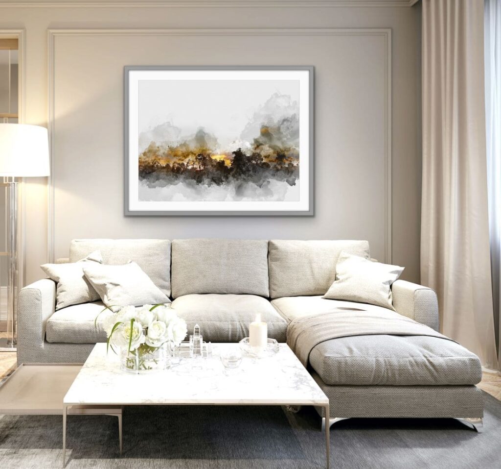 Framed abstract art piece hanging on wall in smart lounge