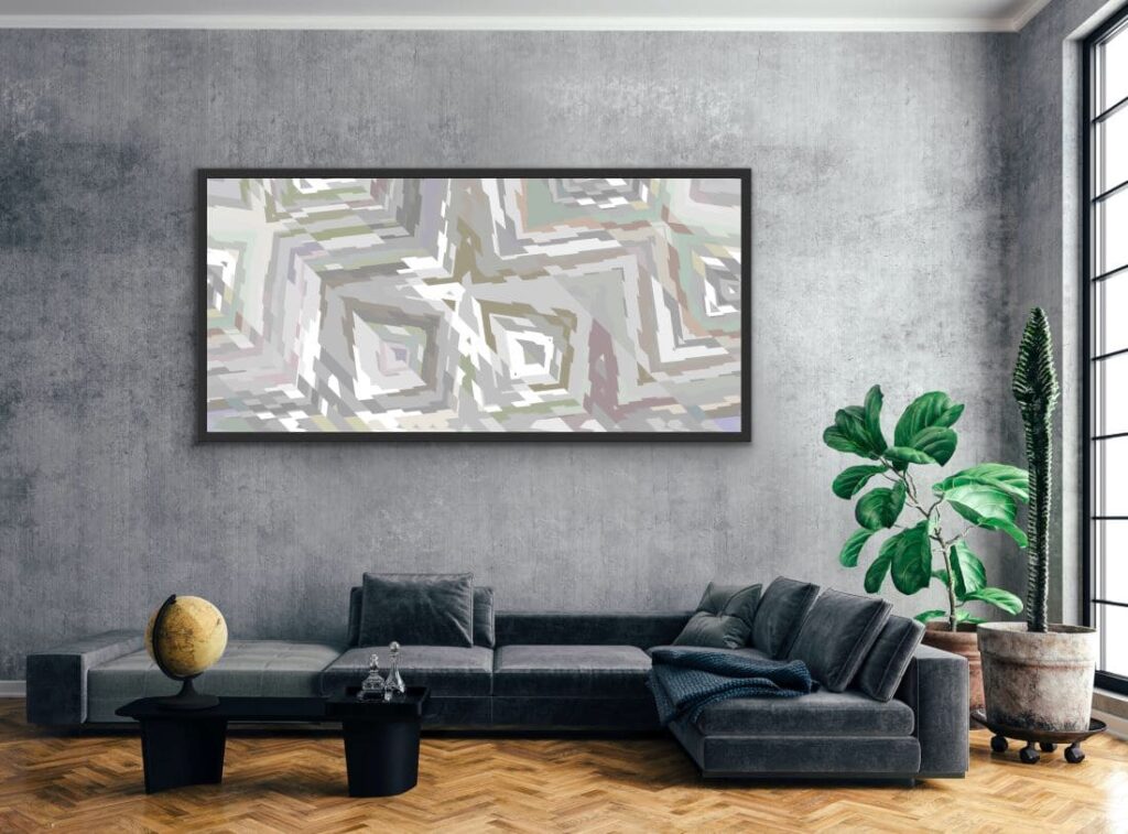 Framed abstract art hanging on a wall in a lounge area