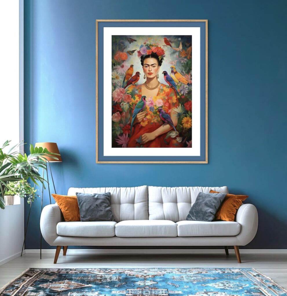 Framed oil painting of a woman with flowers in her hair and birds perched on her shoulders and hand and arm. Painting is hanging on a wall above a couch