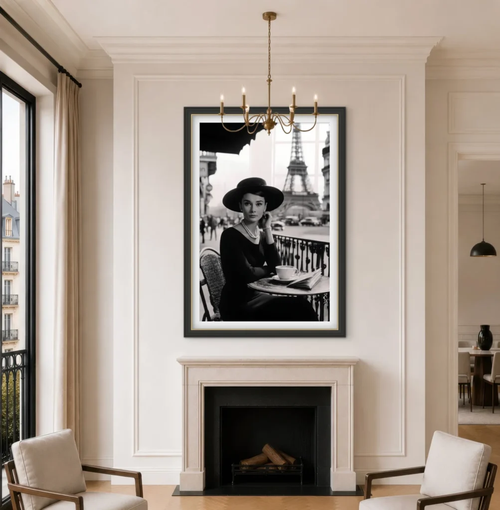 A framed black-and-white photograph of Audrey Hepburn wearing a wide-brimmed hat and pearls, seated at a table with the Eiffel Tower visible in the background. The photo is displayed above a fireplace mantel in a bright, modern room.